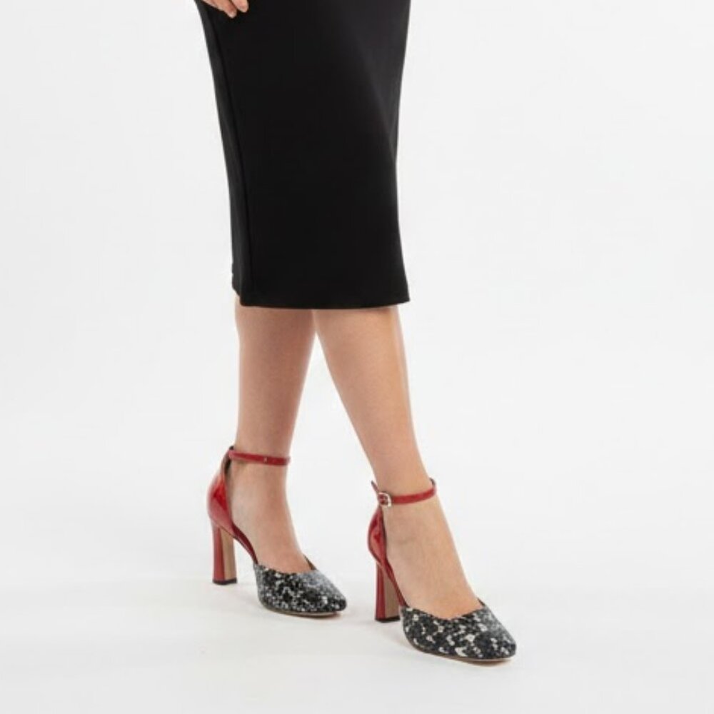 Antonio Melani Red Black Snake Print Ankle Strap Block Heel Pumps Size 8.5